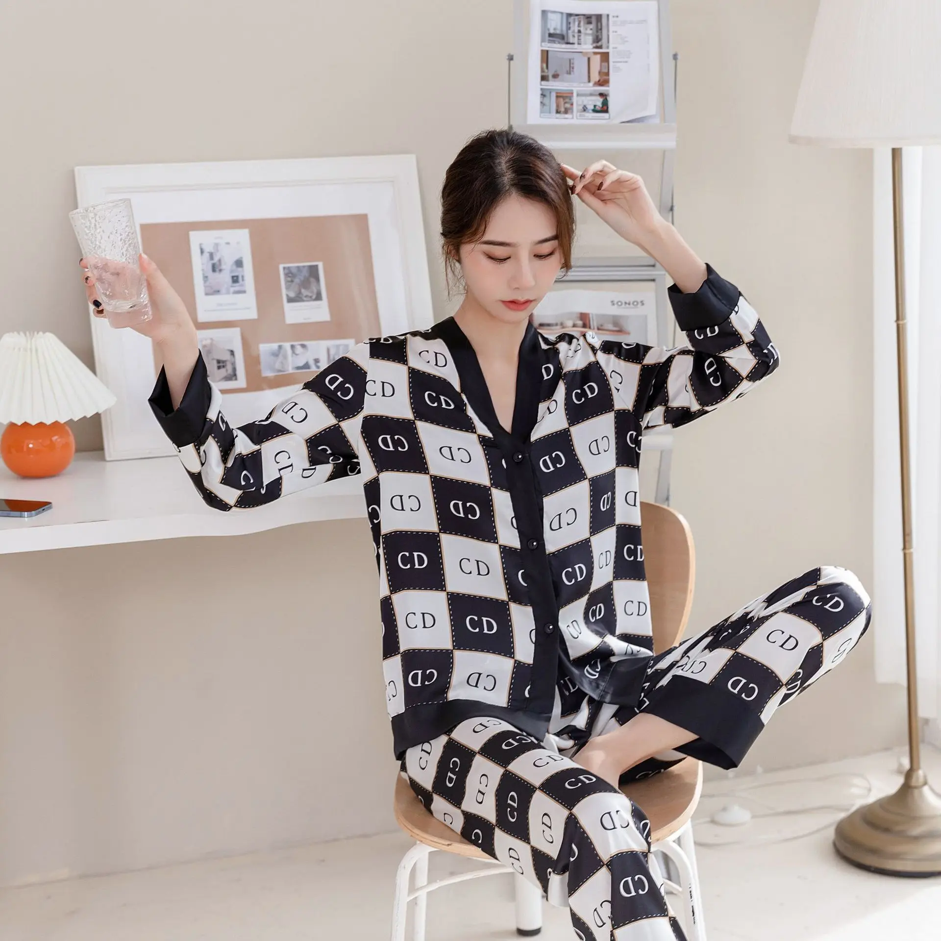 Cardigan Pajamas Women's Long-sleeved Small Fragrance Ice Silk Home Service Japanese Silk Can Be Worn Outside Suit