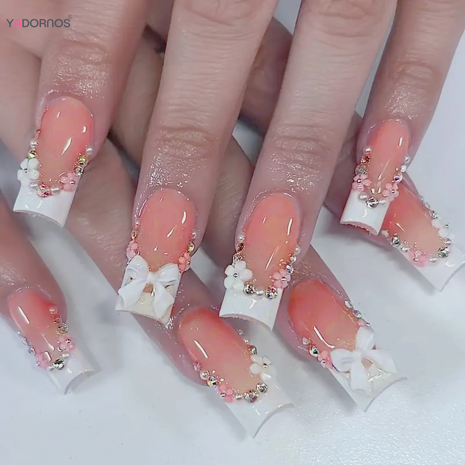 24 шт. белые накладные ногти во французском стиле 3D бантик цветочный дизайн