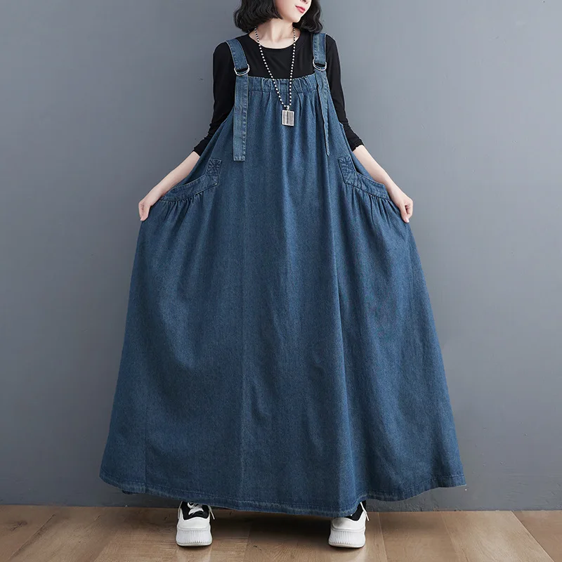 

Casual Loose Denim Dress Women Maxi Baggy Jean Dress Female Spaghetti Strap Pocket Vintage Denim Dresses