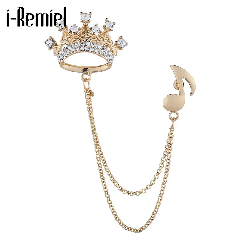 

Korean Rhinestone Crown Brooch Pin Note Tassel Chain Lapel Pins Fashion Suit Shirt Badge Corsage Luxury Jewerly Men Accessories