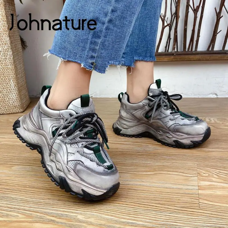 

Женские кроссовки на шнуровке Johnature, из натуральной кожи, сетчатые, в стиле ретро, удобная обувь на платформе, разные цвета, для отдыха, 2022