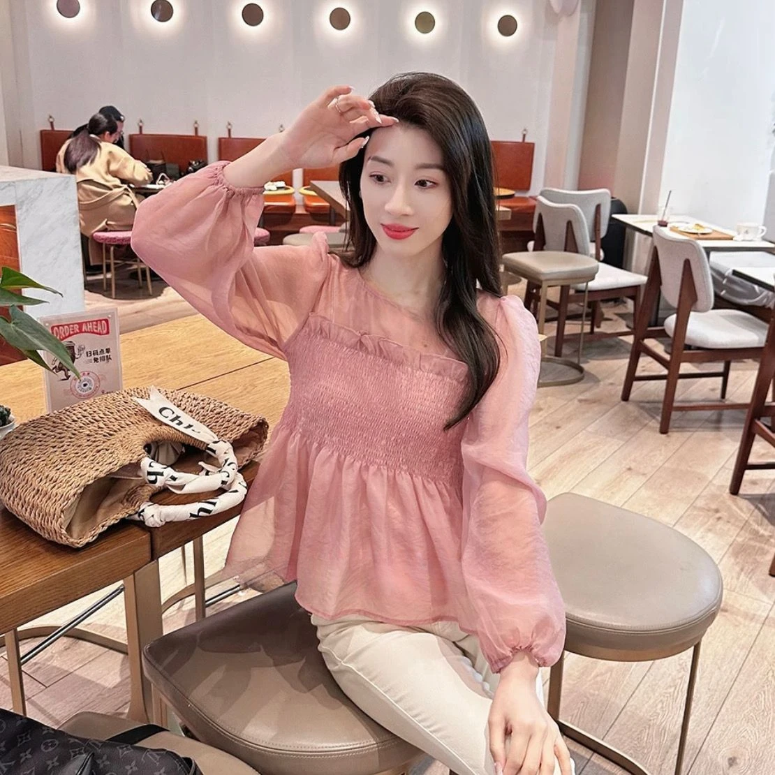 Рубашки и блузки для женщин шифоновый женский топ с круглым вырезом пышными