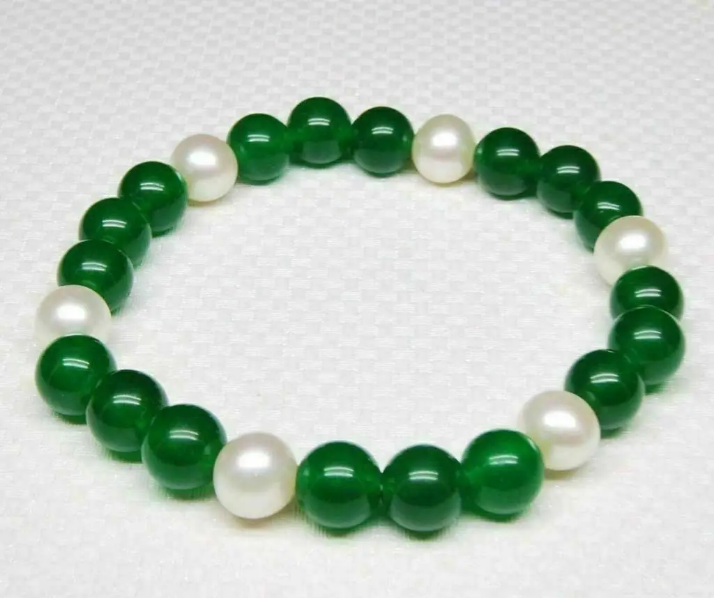 

7.5" 8.5" 8-9mm White Pearl & 8mm Green Jade Round Gems Beads Bangle Bracelet