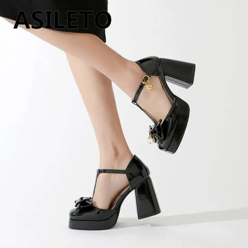 

Женские туфли-лодочки ASILETO с квадратным носком на толстом каблуке 9 см, платформа с пряжкой T-starp, милые женские туфли для свиданий, большие ра...