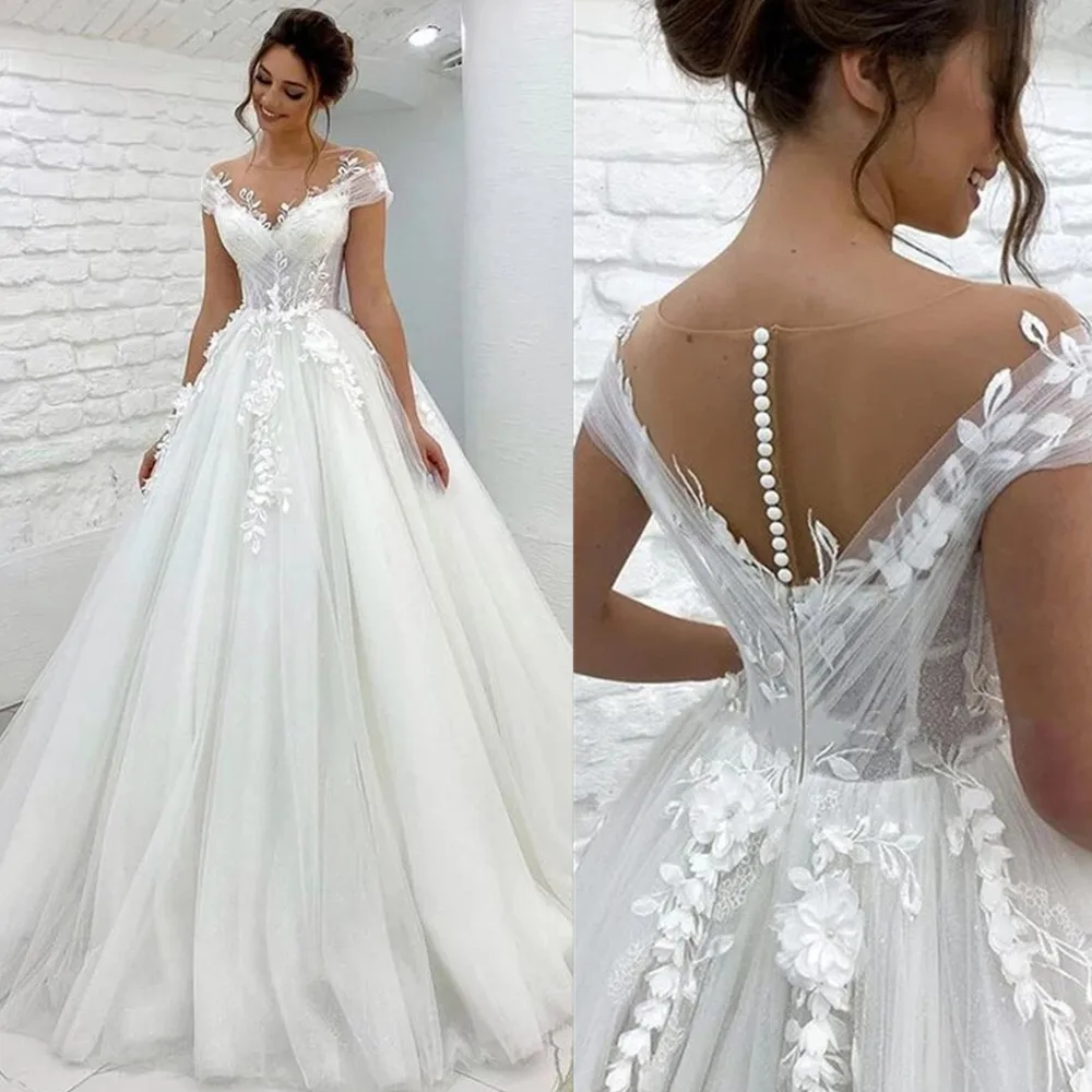 

Pricess Ball Gown Wedding Dress 3D Flowers Off The Shoulder Bridal Gown With Train Wedding Gown Tulle Robe De Mariée