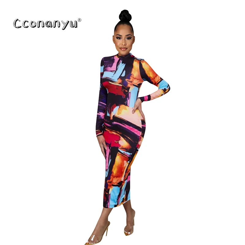 

2022 Autumn Sexy Printed Casual Slim Fit Dress Long Sleeved Elegant Temperament Maxi Dress Women Clothing Plus Size Dress