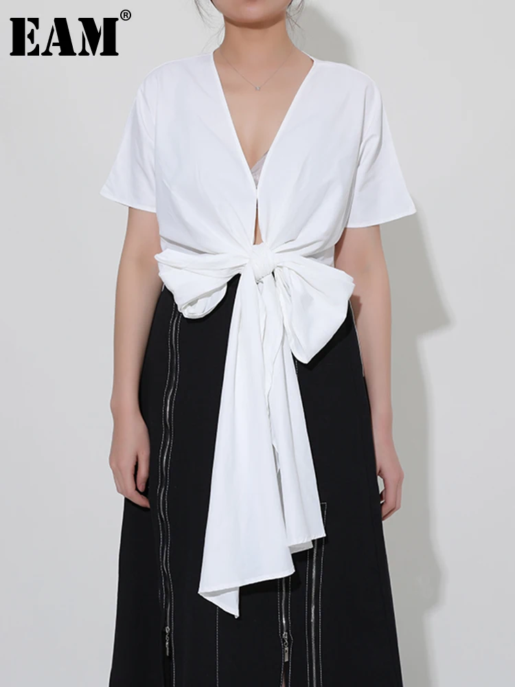 

[EAM] Женская белая Асимметричная блузка с бантиком большого размера, новая рубашка с v-образным вырезом и длинными рукавами, Модная весна-лет...
