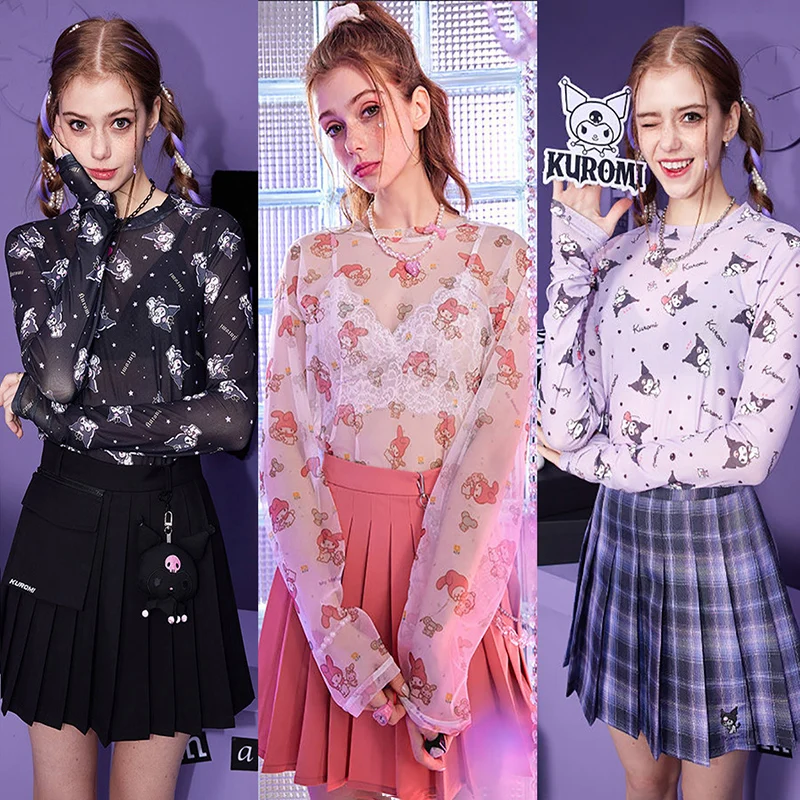 

Kawaii Sanrio Clothes Kuromi My Melody Round Neck Mesh Top Clothing Cute Beauty Summer Thin Section Sun Protection Shirt Tops