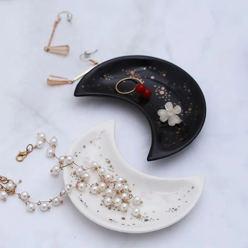 Nordic Ceramic Moon Shape Storage Trays Jewelry Display Plates Necklace Ring Earrings Organizer Containers Desktop Decor