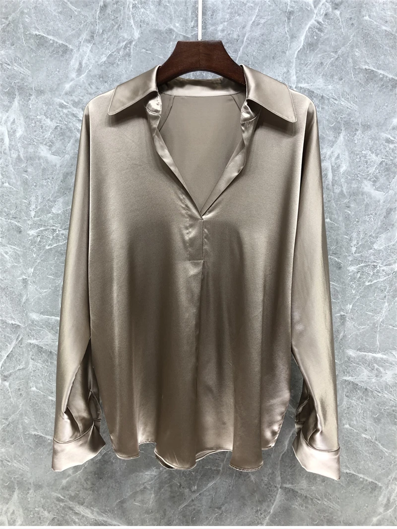 New Arrival Silk Shirts 2023 Spring Summer Style Women Turn-down Collar Long Sleeve Khaki Blouse Ladies National Silk Blouses OL