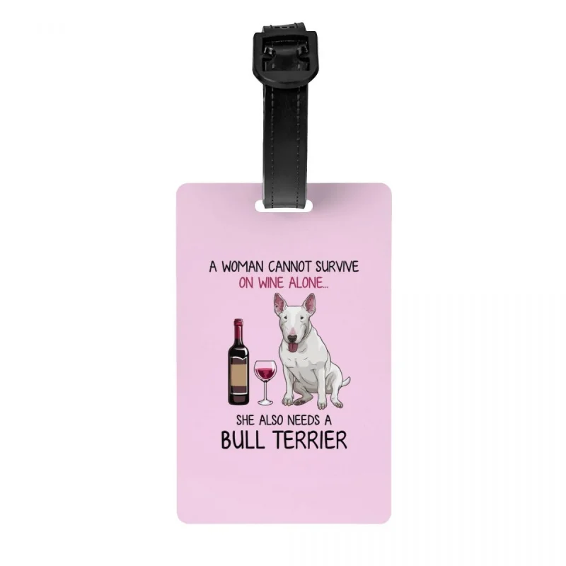 

Custom Bull Terrier And Wine Funny Dog Luggage Tag With Name Card Pet Puppy Lover Privacy Cover ID Label for Travel Bag Suitcase