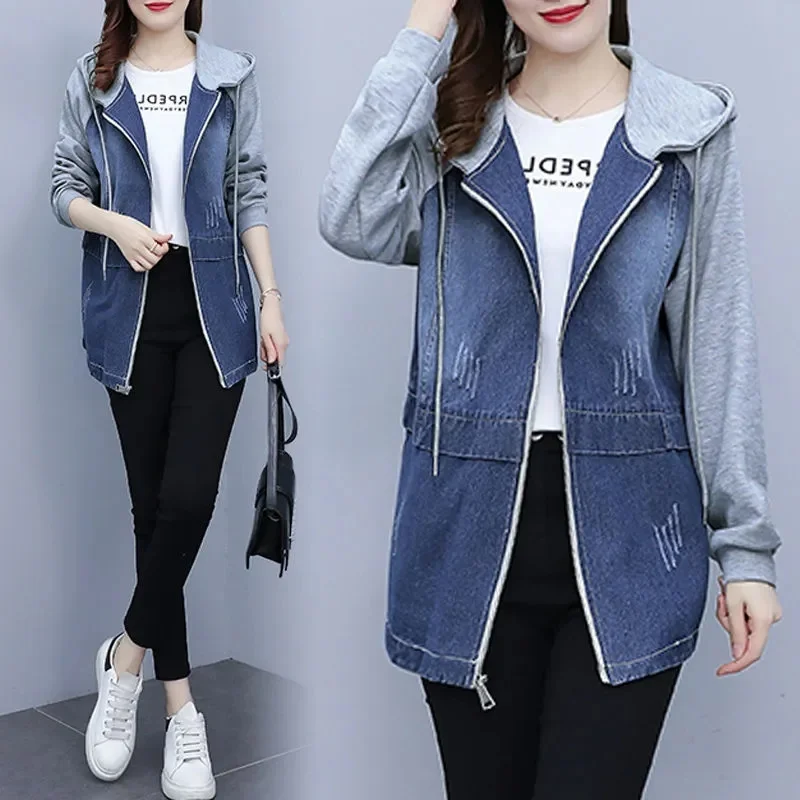 

Denim Jacket Women's 2022 Autumn New Western Style Hooded Cowboy Coat Lady Stitching Fat Sister Casual Jeans Outwear Female Tops