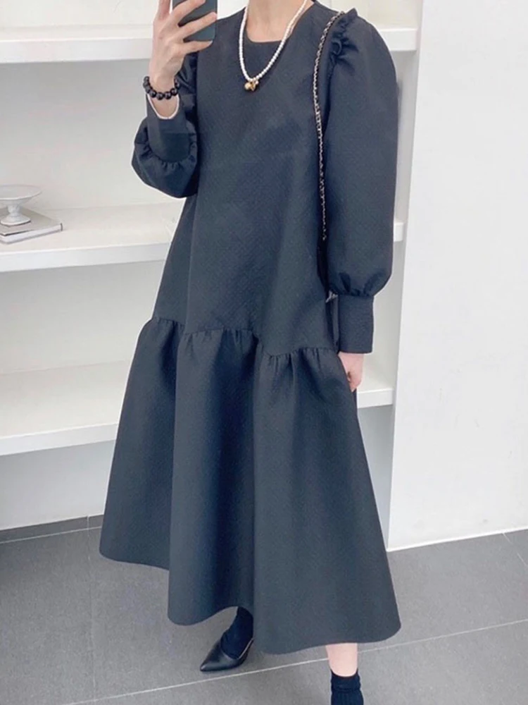 Женское длинное свободное платье [EWQ] корейское шикарное однотонное с круглым