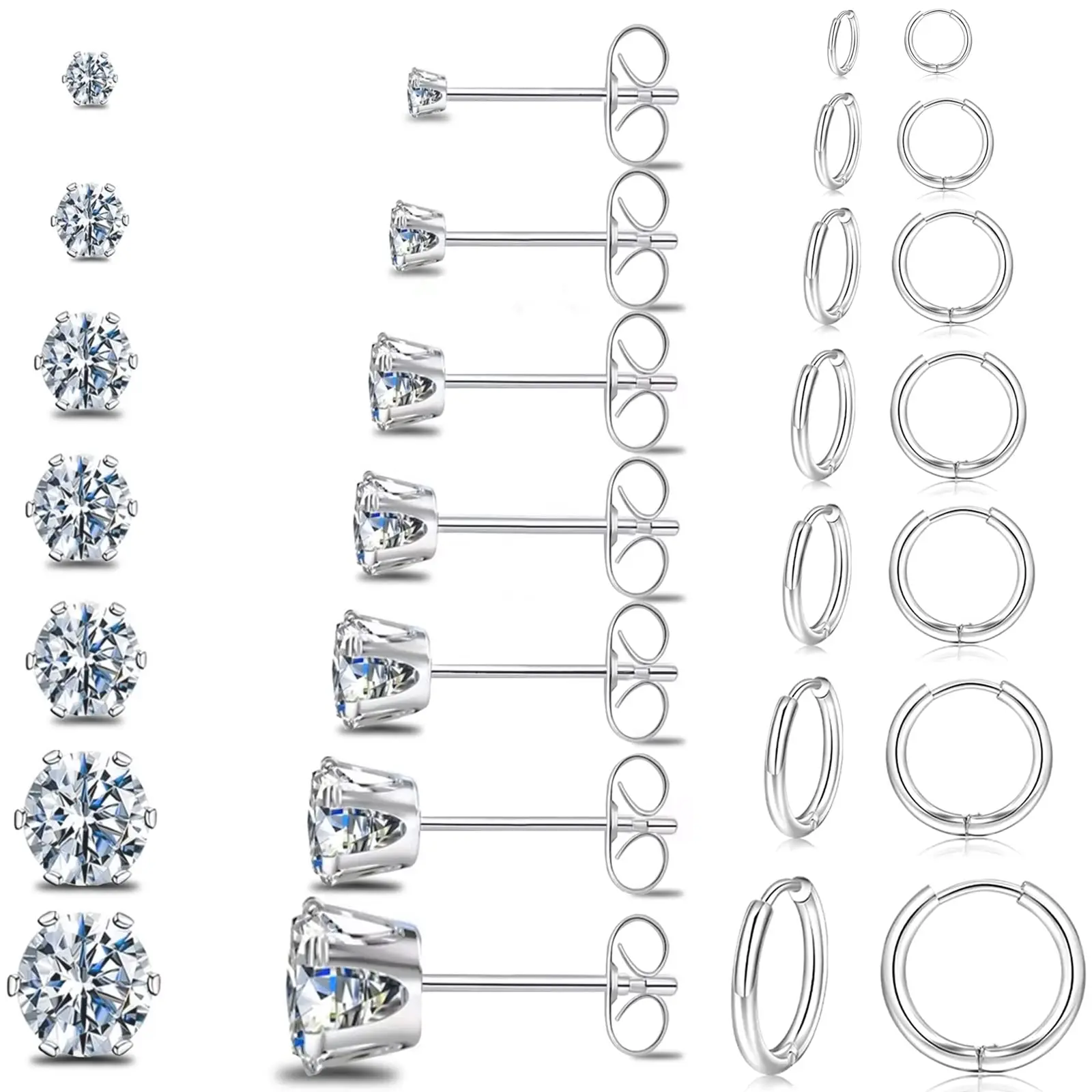 

1-14 Pairs Stainless Steel Shiny Silver Cubic Zirconia Stud Earrings Huggie Hoop Cartilage Sleeper Earrings Set for Men Women