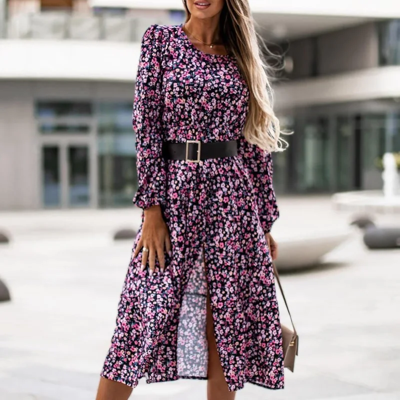 

Женское платье с круглым вырезом, длинным рукавом и цветочным принтом