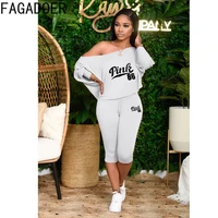 fagadoer casual off shoulder two piece sets women pink letter print top and skinny shorts tracksuits summer loose outfits 2022