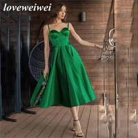 loveweiwei new style green satin spaghetti straps short prom dress woman sweetheart neck tea length formal evening party gowns