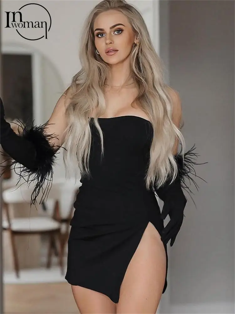 

Женское Короткое платье без бретелек, с открытой спиной и Боковым Разрезом