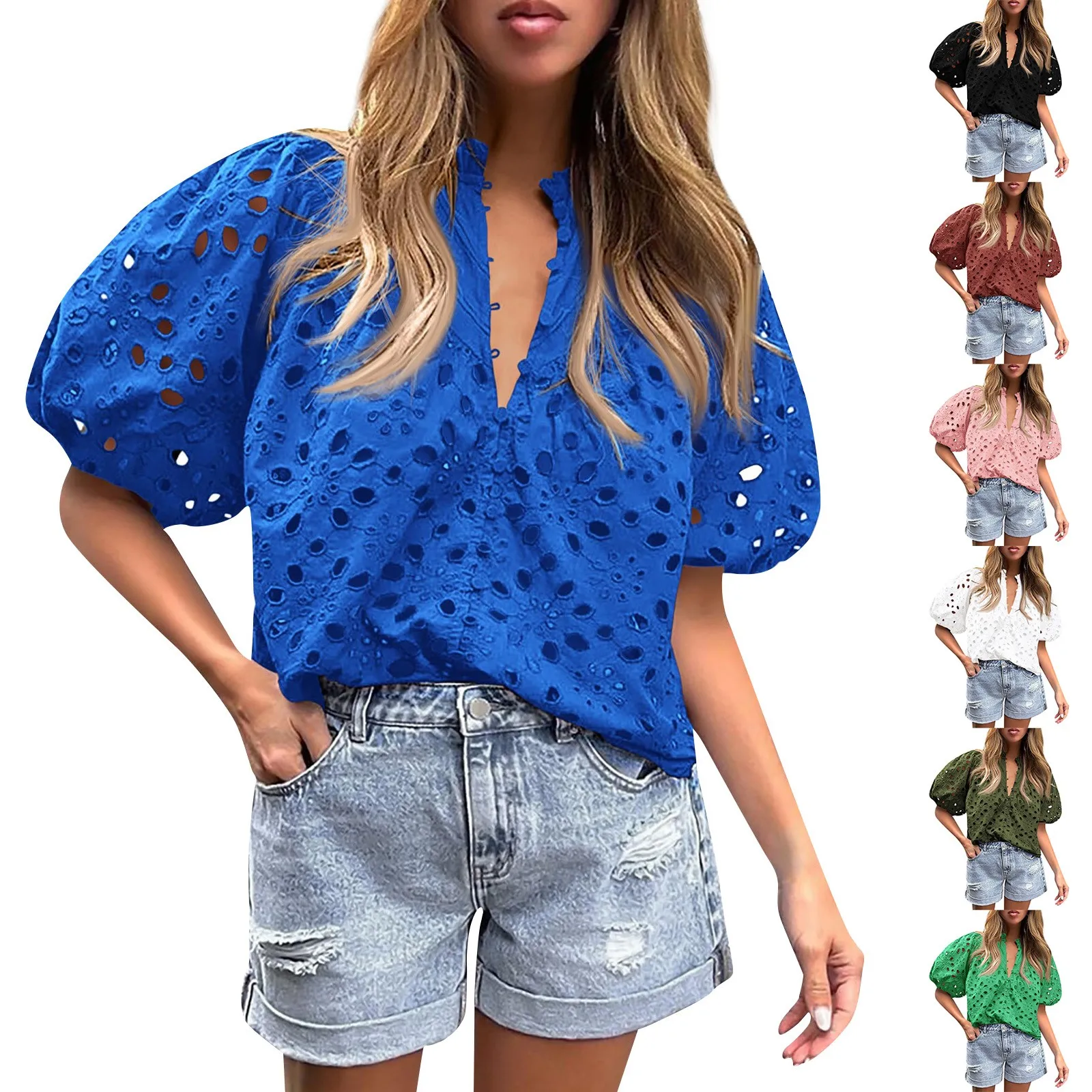 Женская летняя блузка с V-образным вырезом и пуговицами