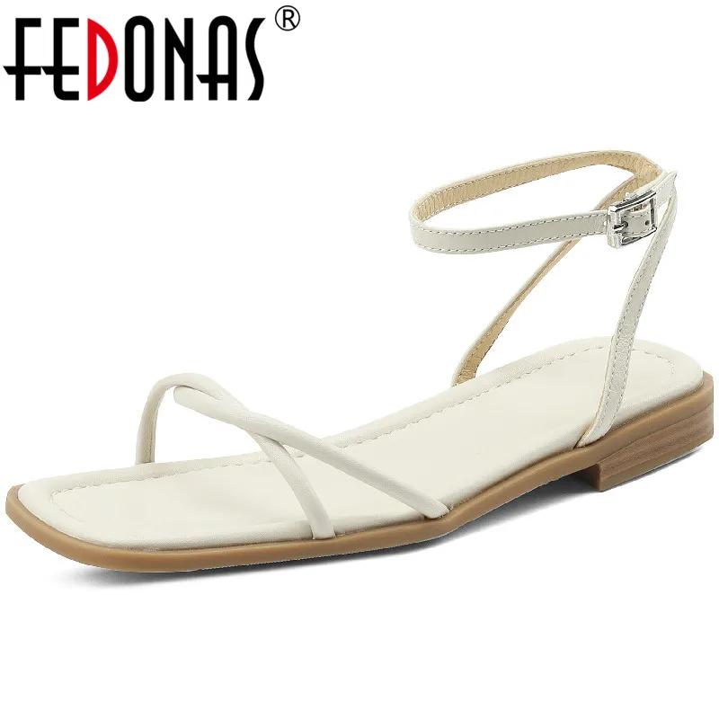 

FEDONAS Women Sandals Thin Strap Fashion Concise Genuine Leather Low Heels Summer Office Ladies Casual Ankle Strap Shoes Woman