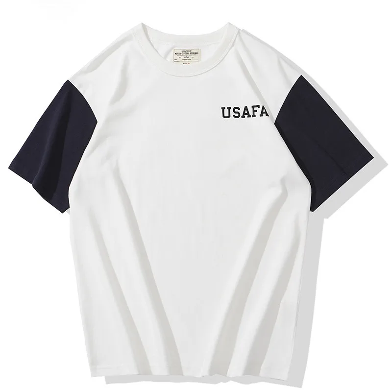 

OK2107 # летняя Новинка, американская Ретро футболка в Военном Стиле, двухцветная простроченная мужская мода, топы из 100% хлопка с коротким рукавом и круглым вырезом