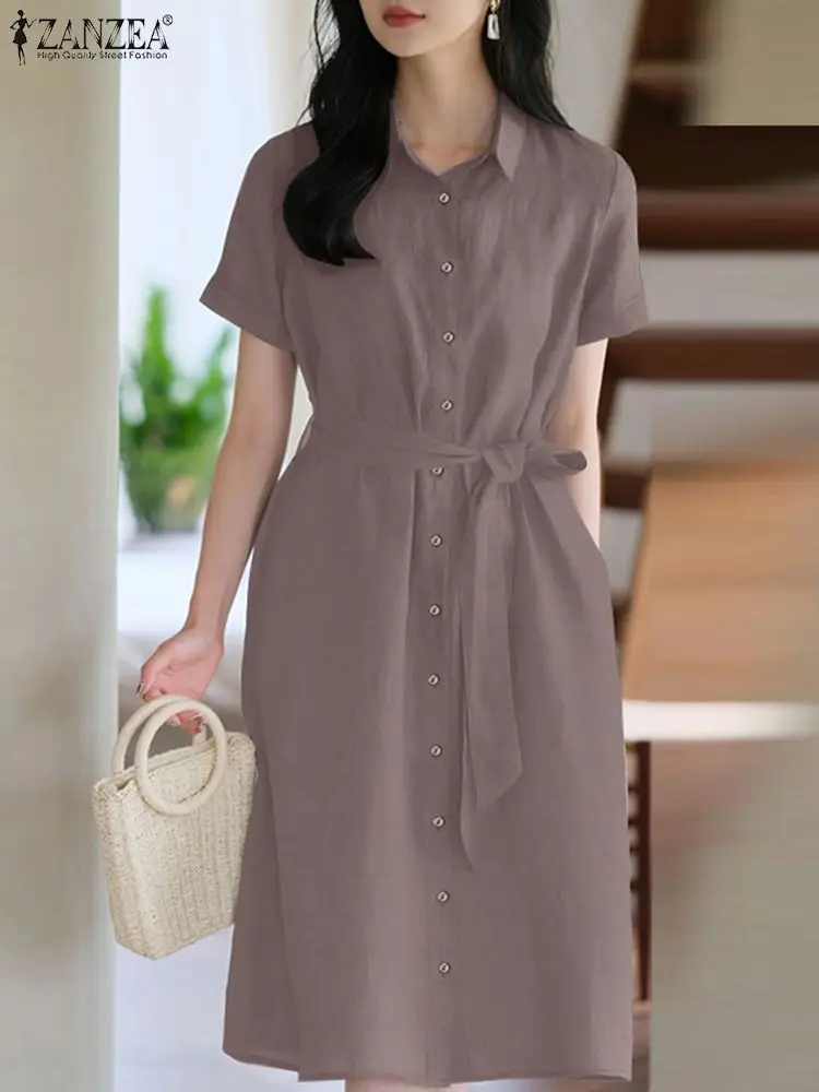

ZANZEA Summer Elegant Shirt Dress Women Vintage Lapel Neck Short Sleeve Sundress Casual Buttons Down OL Work Vestido Robe Femme