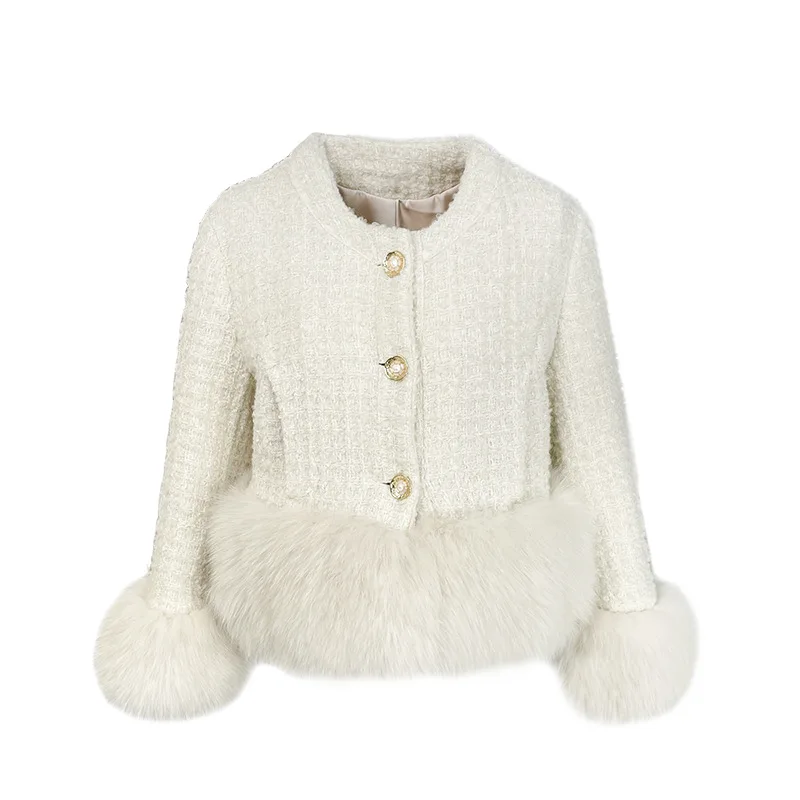 Autumn Winter Woolen Women Coat Faux Fox Fur Patchwork Short Ladies  Oversize Korean Thick Warm Fur Single Breasted Jackett