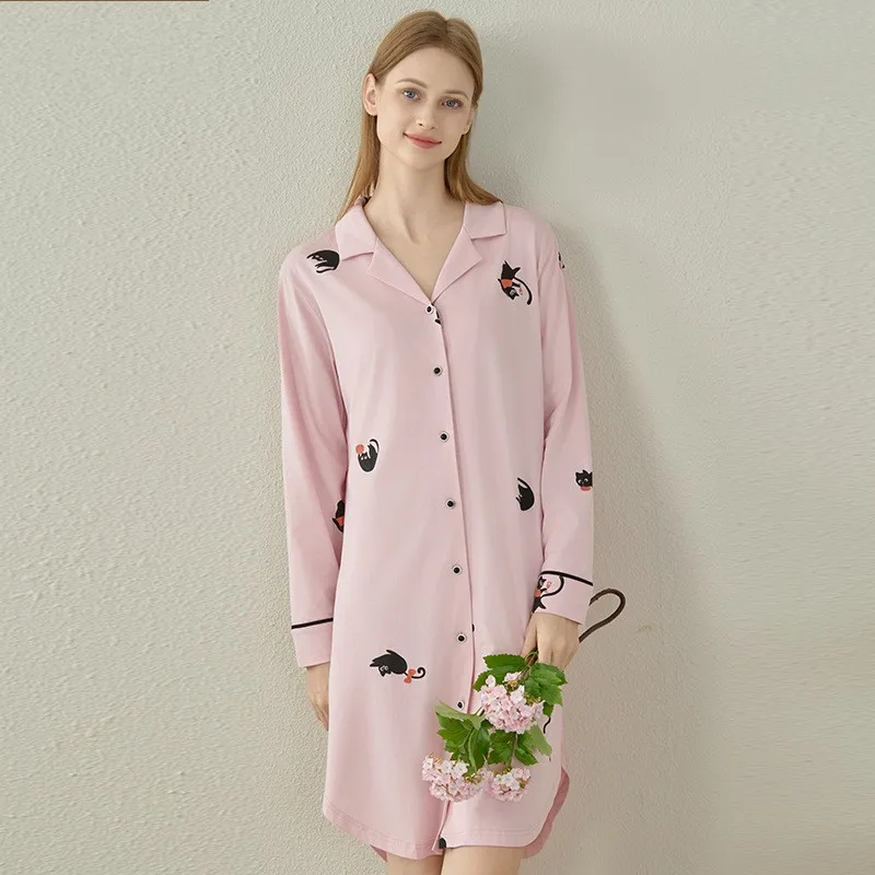 Женская Повседневная Ночная рубашка из 2024 хлопка с длинным рукавом и отложным