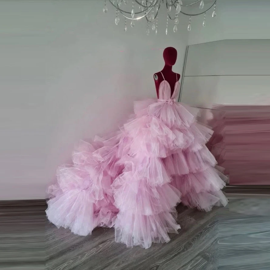 

Extra Puffy Pink Wedding Gowns Spaghetti Bride Dress Sleeveless Backless vestido de noiva Bridal Dresses Arabic Wedding Gown