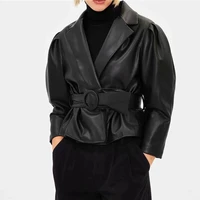 british style pu leather black blazer suit with belt women commute casual short blazers autumn winter fashion faux leather coats