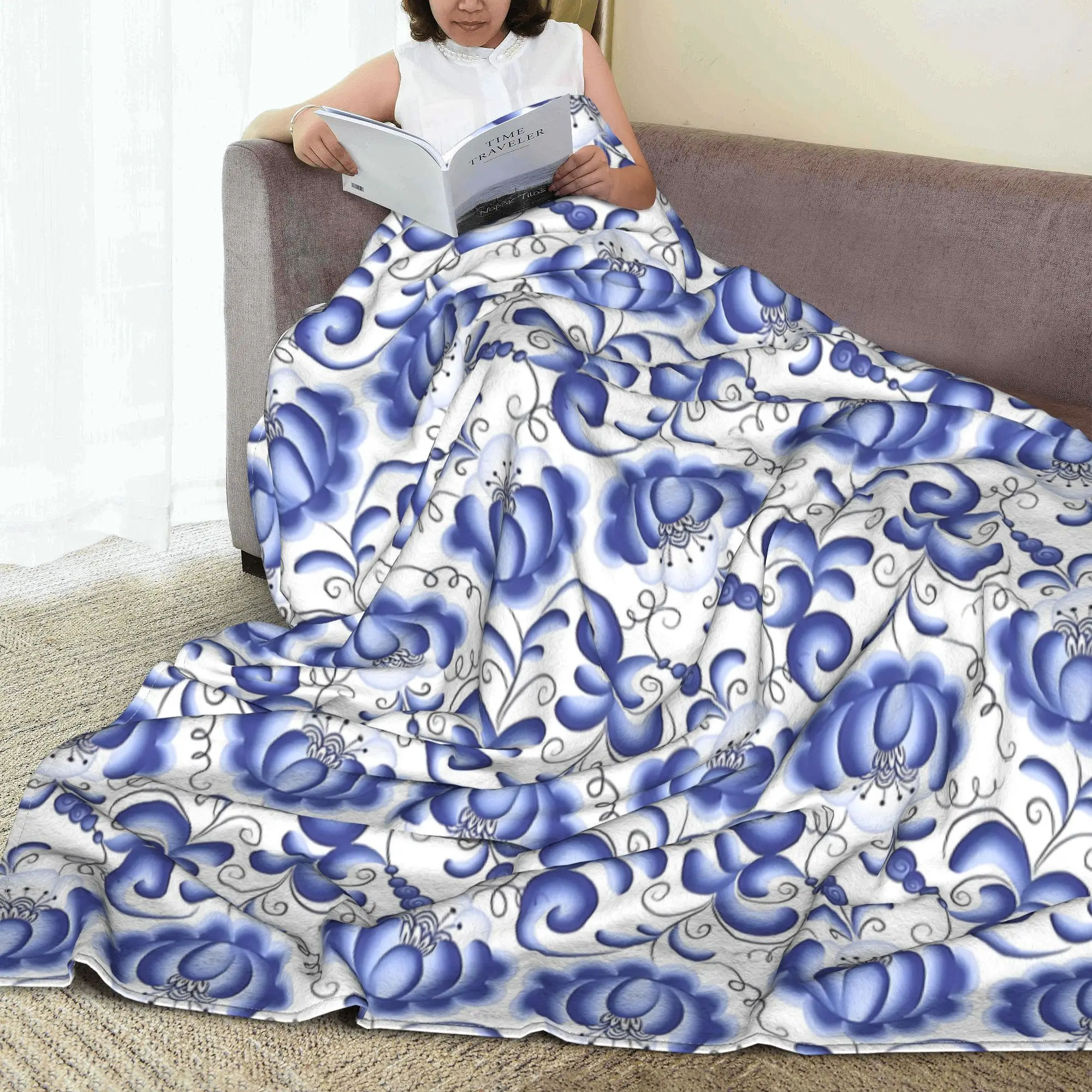 Синее цветочное русское фланелевое одеяло Gzhel традиционное искусство новинка