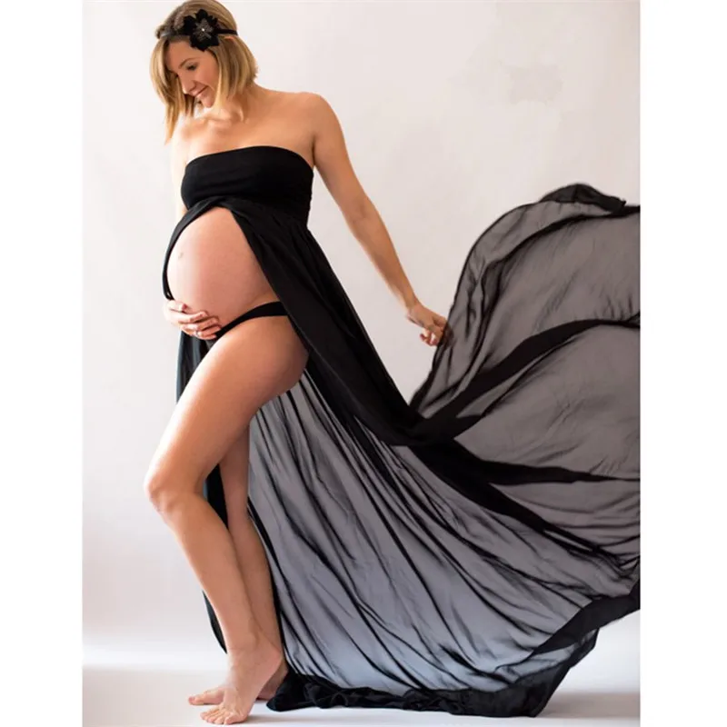 Chiffon Maternity Dresses For Photo Shoot Women's tube top stitching one-shoulder one-piece Long maternity photo dress enlarge