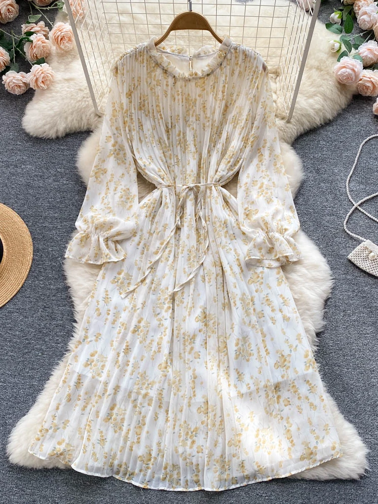 

Aibeautyer New Casual Summer Floral Print Slim Full Lady Dress A Line O Neck Chiffon Mid-Calf High Waist Women Dresses