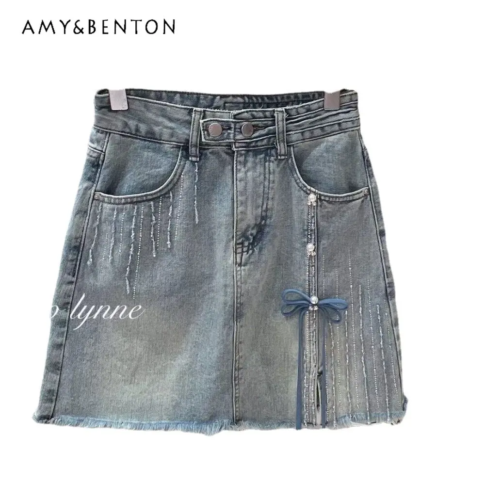 

French Sweet Heavy Industry Beads Tassel Mini Denim Skirt Female Summer New High Waist Slimming Frayed Edge A-line Short Skirts