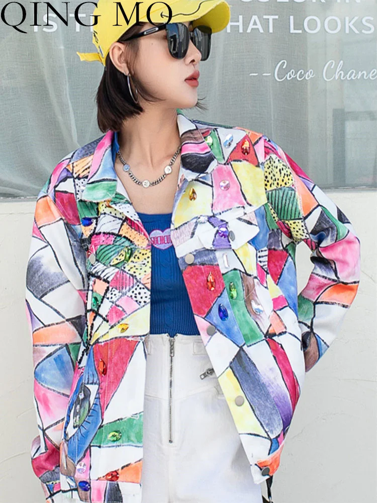 

QING MO Women Color Geometry Pattern Denim Coat Loose Wild Heavy Industry Bead Diamonds Age Reduction Coat 2023 Autumn LHX1410A