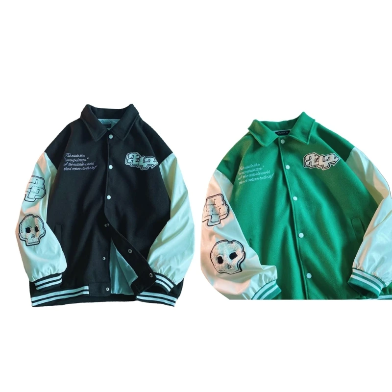 

Men Gothic Vintage Bomber Jackets Button Down Oversized Baseball Coat Colorblock Skeleton Patchwork Outwear with Pockets