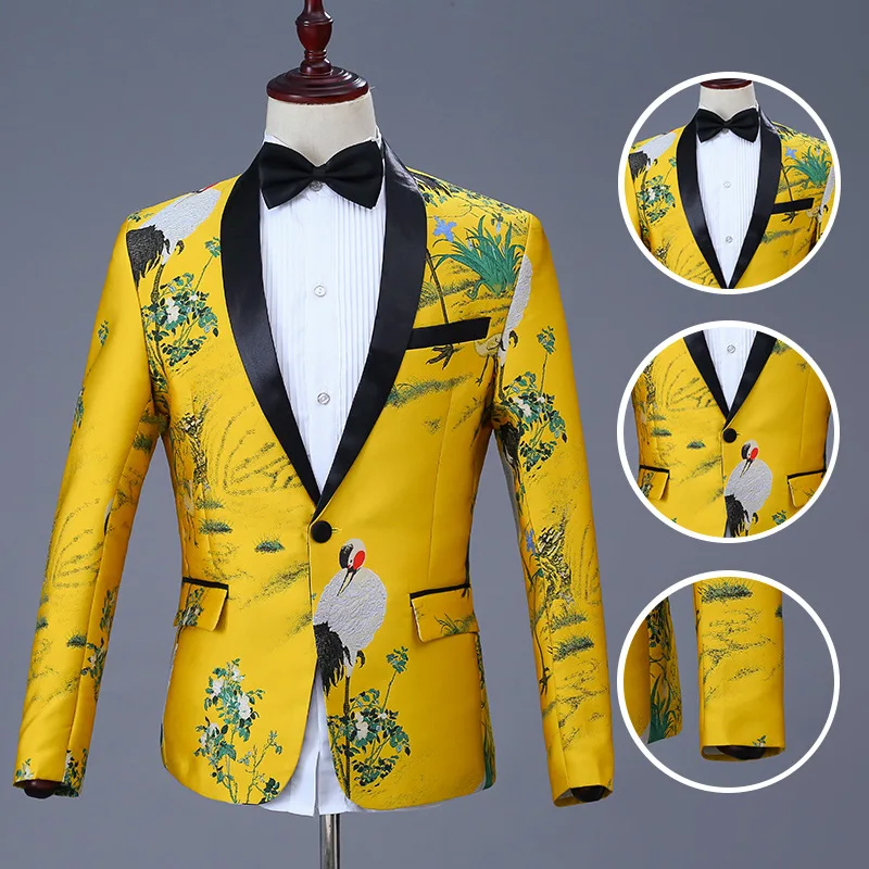 

[Пиджак + брюки] мужской желтый костюм с вышивкой журавля красного цвета для рождества Хэллоуина вечерние ринки свадьбы жениха лучшего мужчины