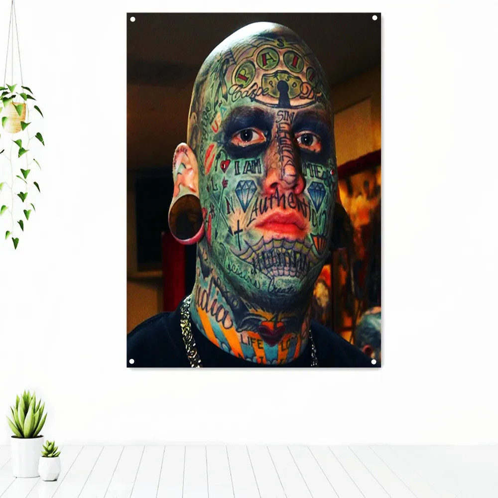 

Best Full Face Tattoo Art Poster Wall Hanging Flag with 4 Buckles Old School Tattoo Artworks Tapestry Wall Decor Painting Banner