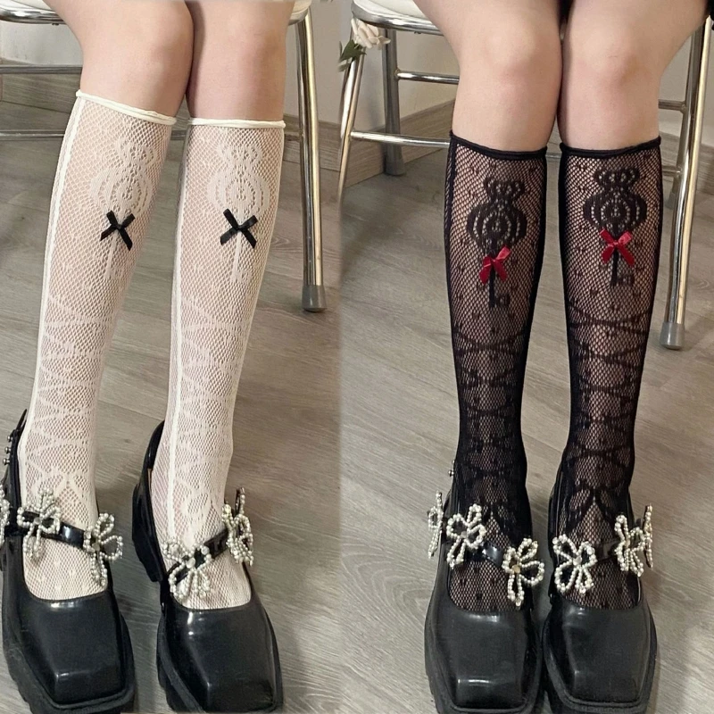 

Women Fishnet Knee High Socks Bowknot Gothic Magic for KEY Jacquard Stock