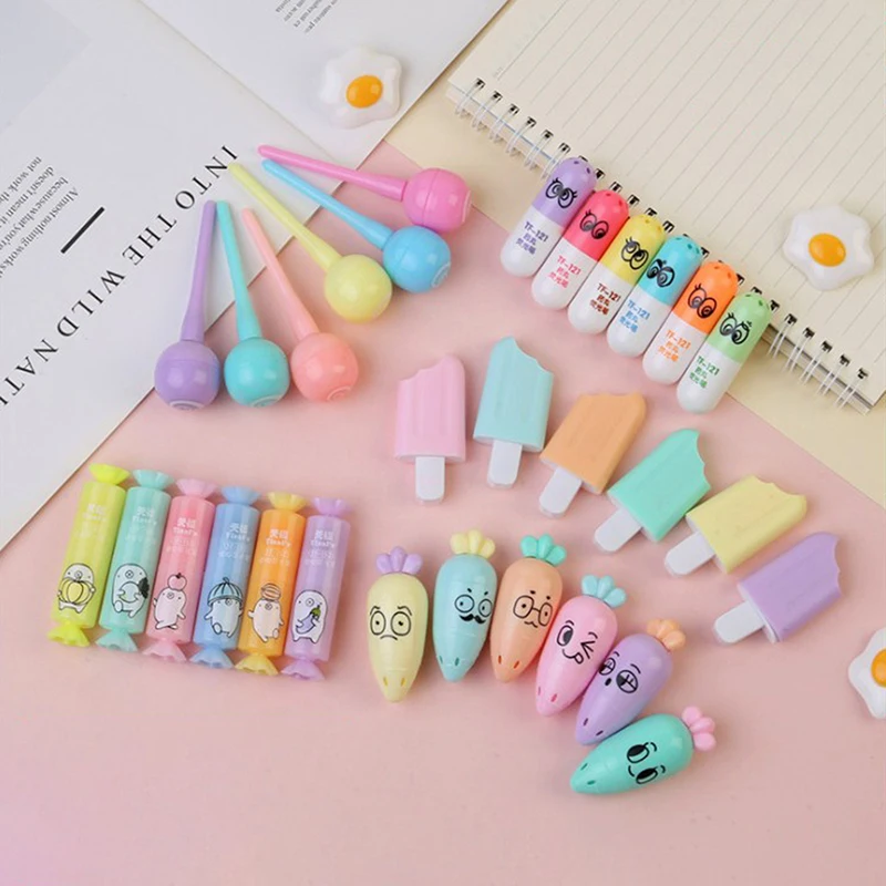 

6Pcs/Lot Cute Cartoon Cat Highlighters School Office Stationery Students Drawing Supplies Kawaii Ice Cream Mini Paint Marker Pen