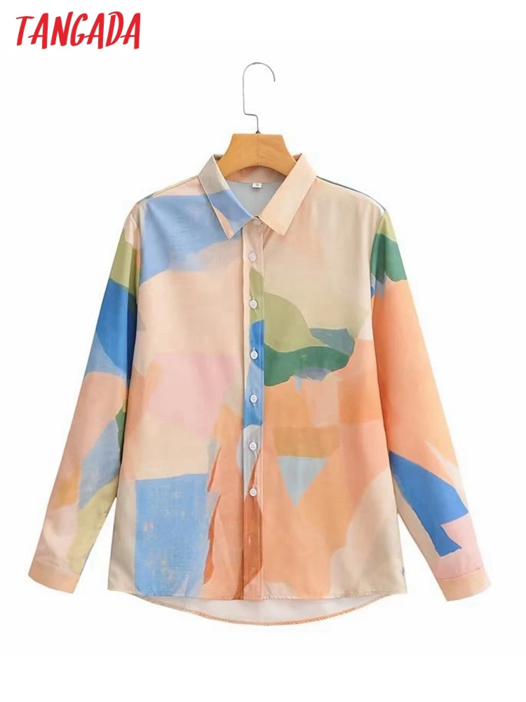 

Блузка женская свободного кроя с принтом, длинным рукавом и пуговицами спереди