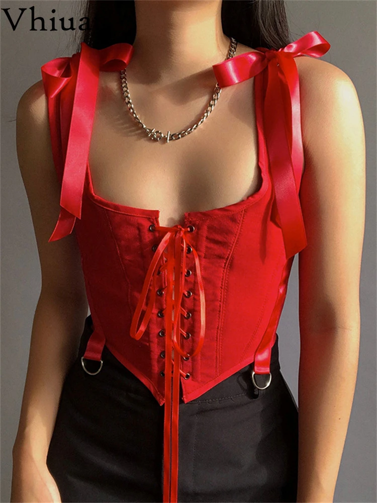 

Vhiuat 2022 Women Sexy Off Shoulder Y2K Bandage Corset Crop Tops Square Collar Summer Party Red Fashion Sleeveless Tube Tank Top