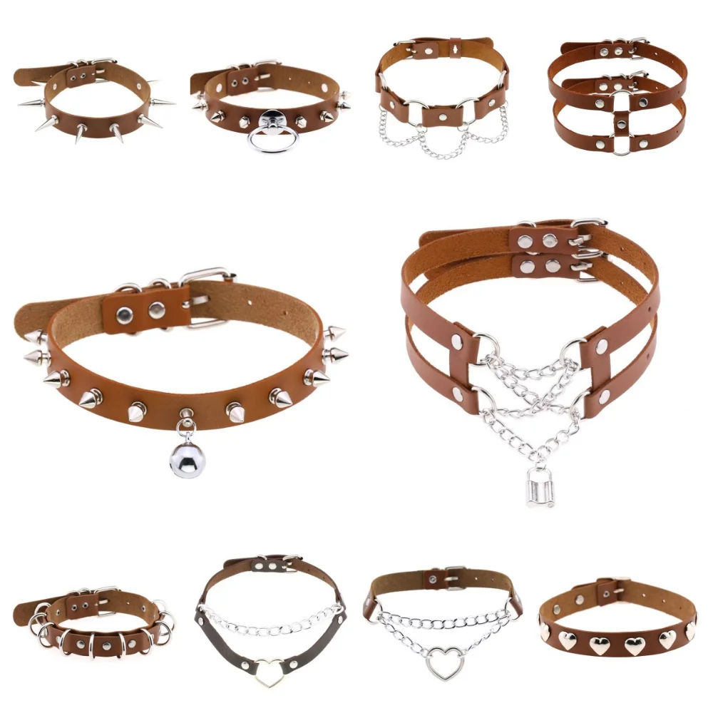 

Light Brown Series Punk Necklaces for Women Goth Sexy Collar Egirl Cosplay Pointed Rivet Leather Chocker Darkly Y2K Accessories