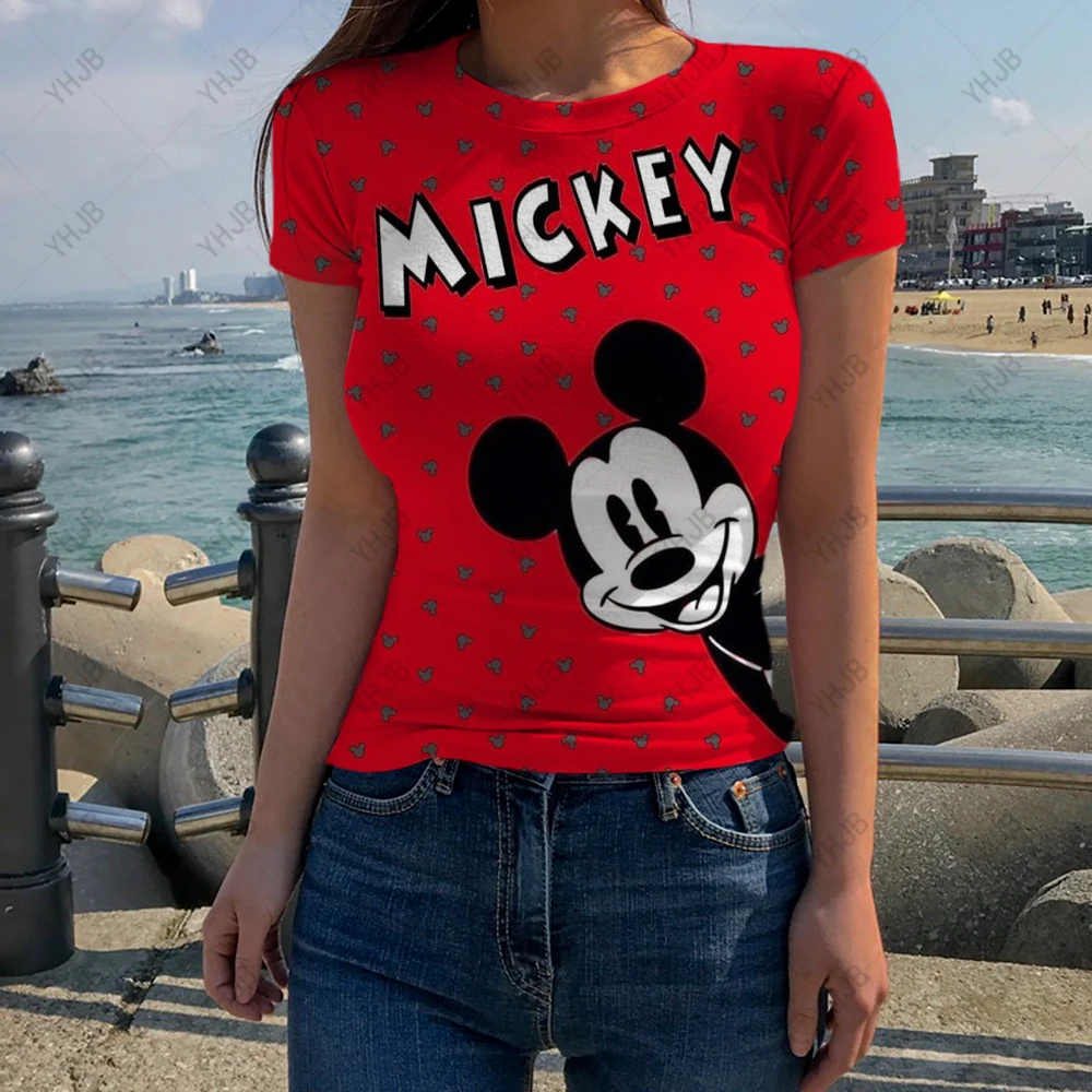 

Новинка 2023, женские футболки, женская футболка с Микки Маусом, облегающие топы с мультяшным принтом, футболки, женская футболка