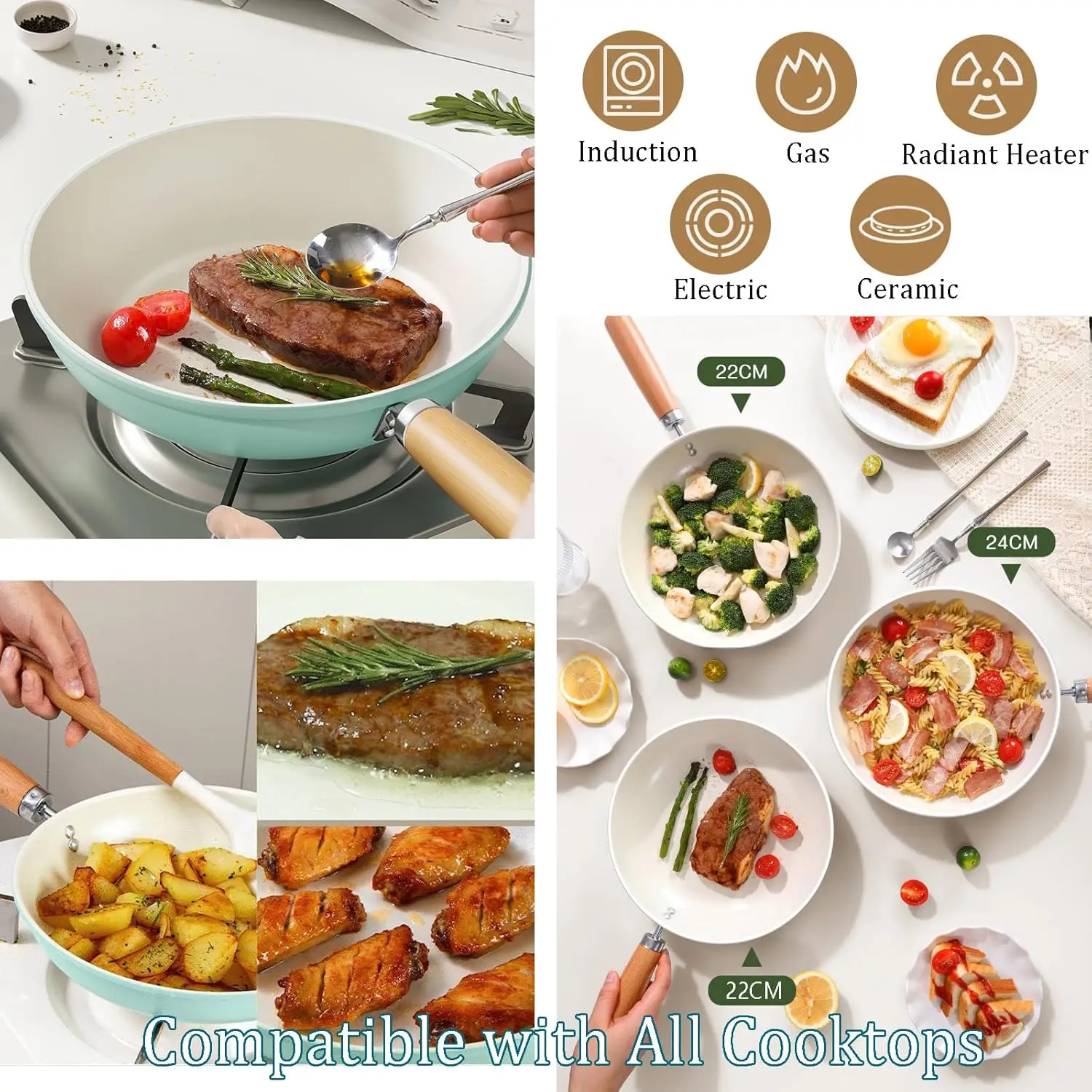 Антипригарная сковорода Qiubo с крышкой синяя керамическая индукционная плита