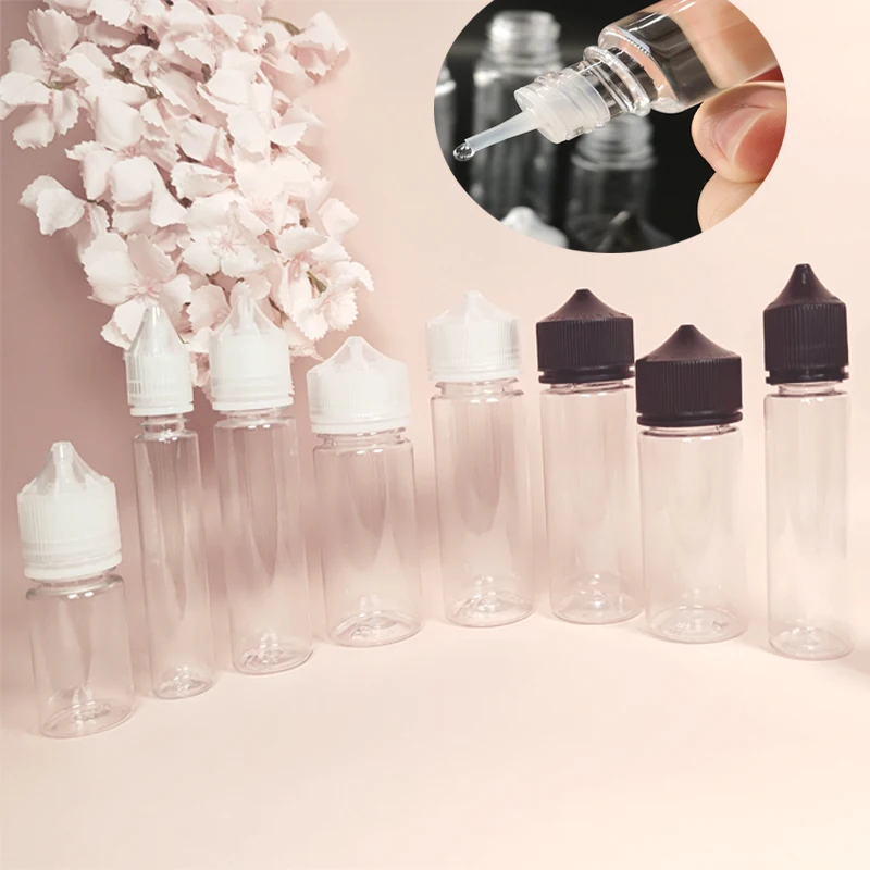 

50Pcs 30-120ml Plastic Empty Dropper Bottles Clear Travel container Vape Pen Bottles Long Tip with Childproof Caps Water Bottles