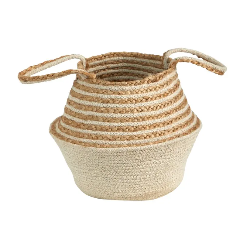 

Boho Chic Belly Basket Natural Jute and Cotton Basket Planter, Cream Cotton Bottom Natural Top with Handles