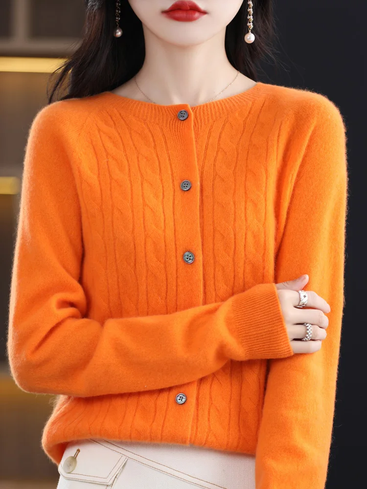 

2023 Grace Spring Female O-Neck 100% Cashmere Merino Wool Sweater Casual Women Knitted Cardigan Twisted Knitwear Loose Tops Y2k