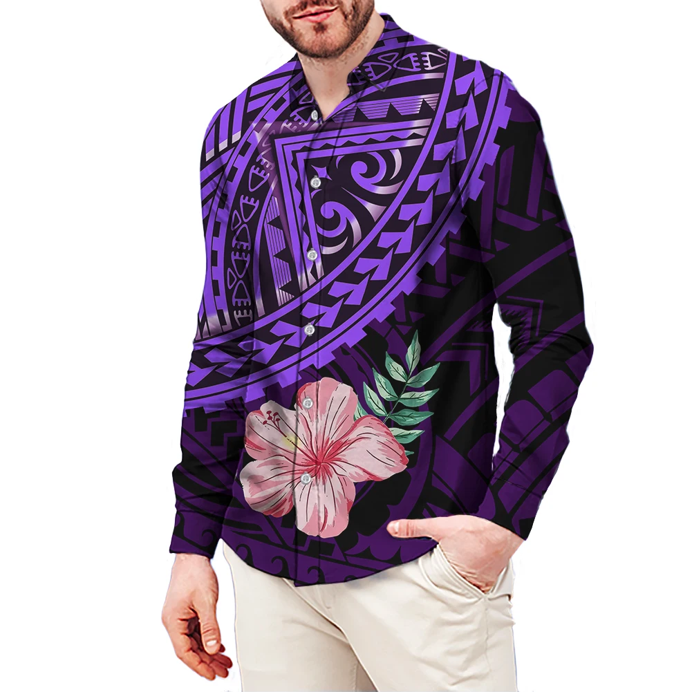 

Brand New Samoan hawaii Polynesian Tribal Customized On Demand Buttons Long-Sleeve Shirt Sublimation Print Purple Quality Shirt