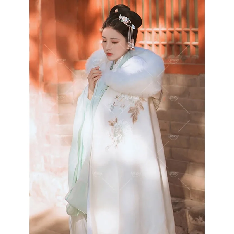 Женская накидка Hanfu с меховым воротником длинное толстое пальто в китайском